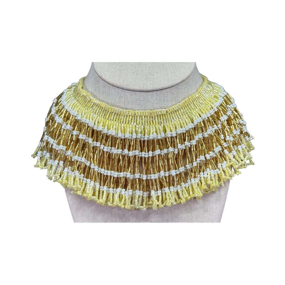 Vintage Gold, Yellow, and Milk Glass Bead Statement Bib, Fringe Necklace